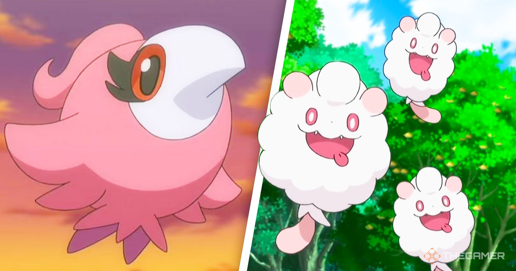 a split image with spritzee on one side and three swirlix on the other side, both from the pokemon anime