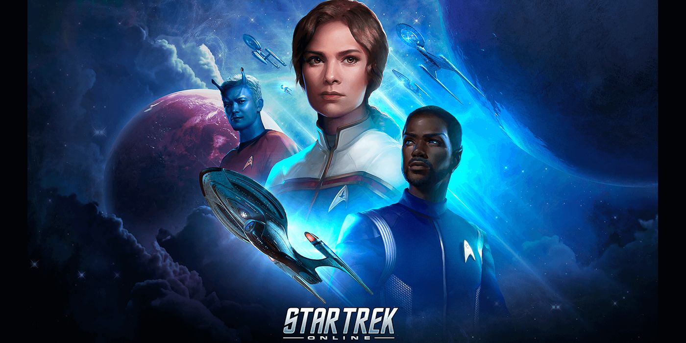 Star Trek Online Cover Art Showing Three Characters In Front Of A Space Themed Background