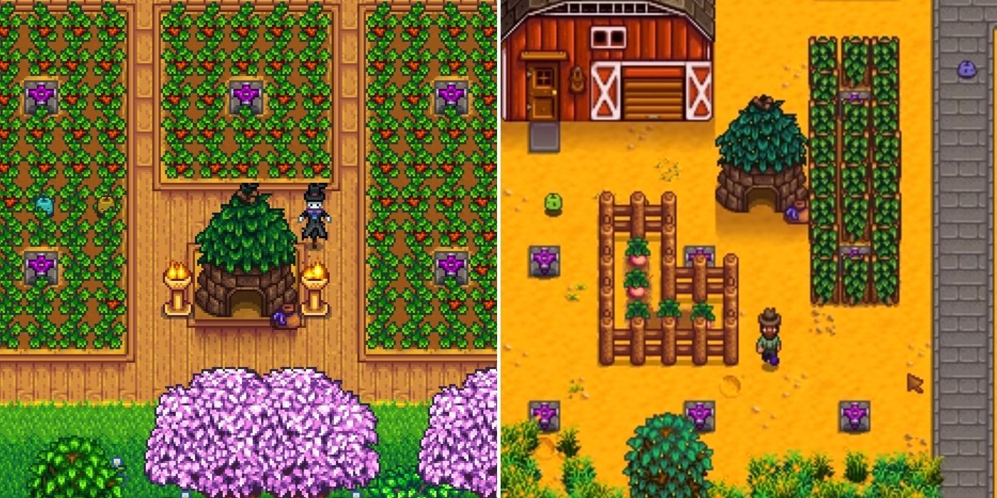A Junimo hut near some crops and Junimos wandering the farm near a crop that has been fenced off in Stardew Valley