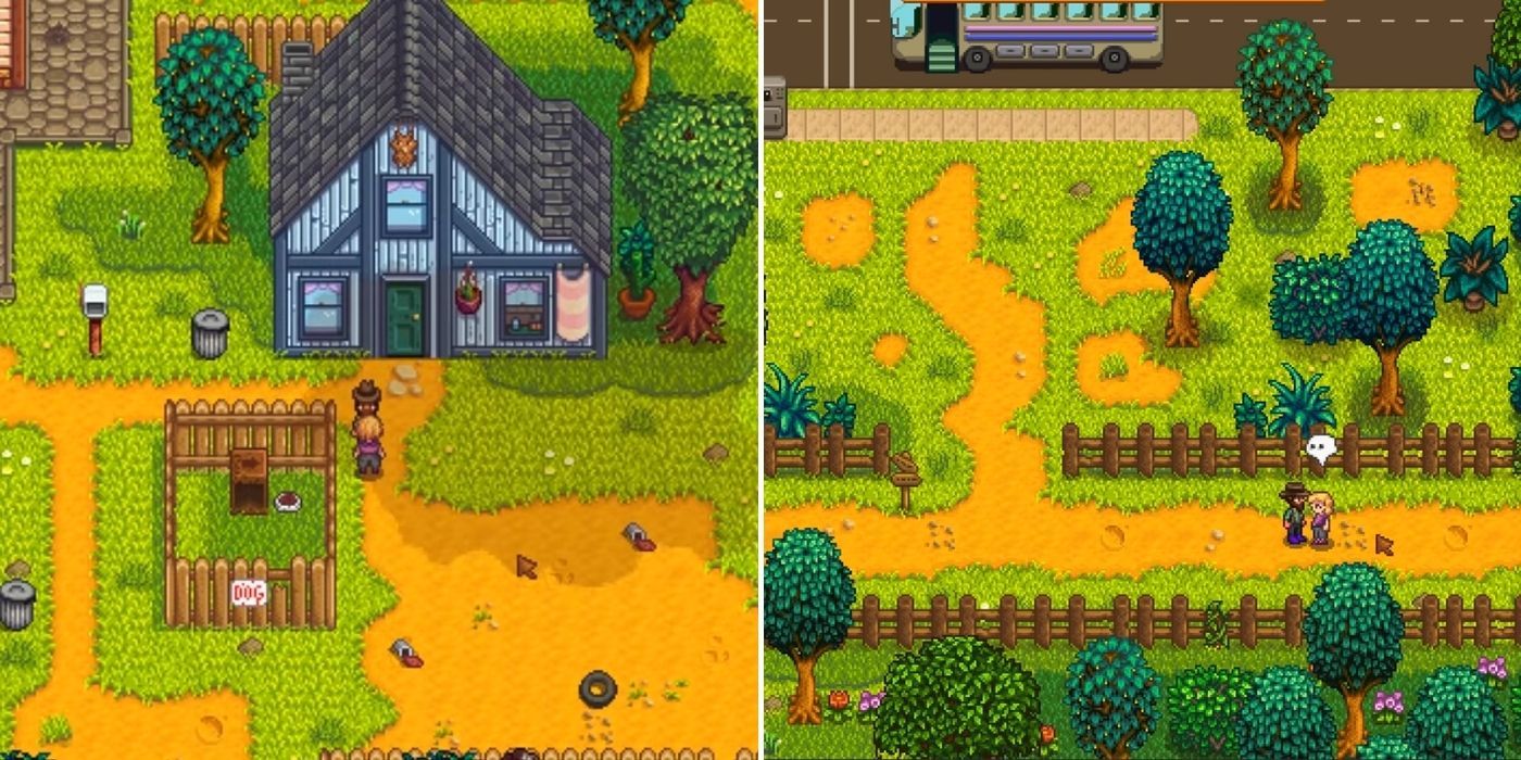 A player blocking Pam's route outside her home and near the bus stop in Stardew Valley