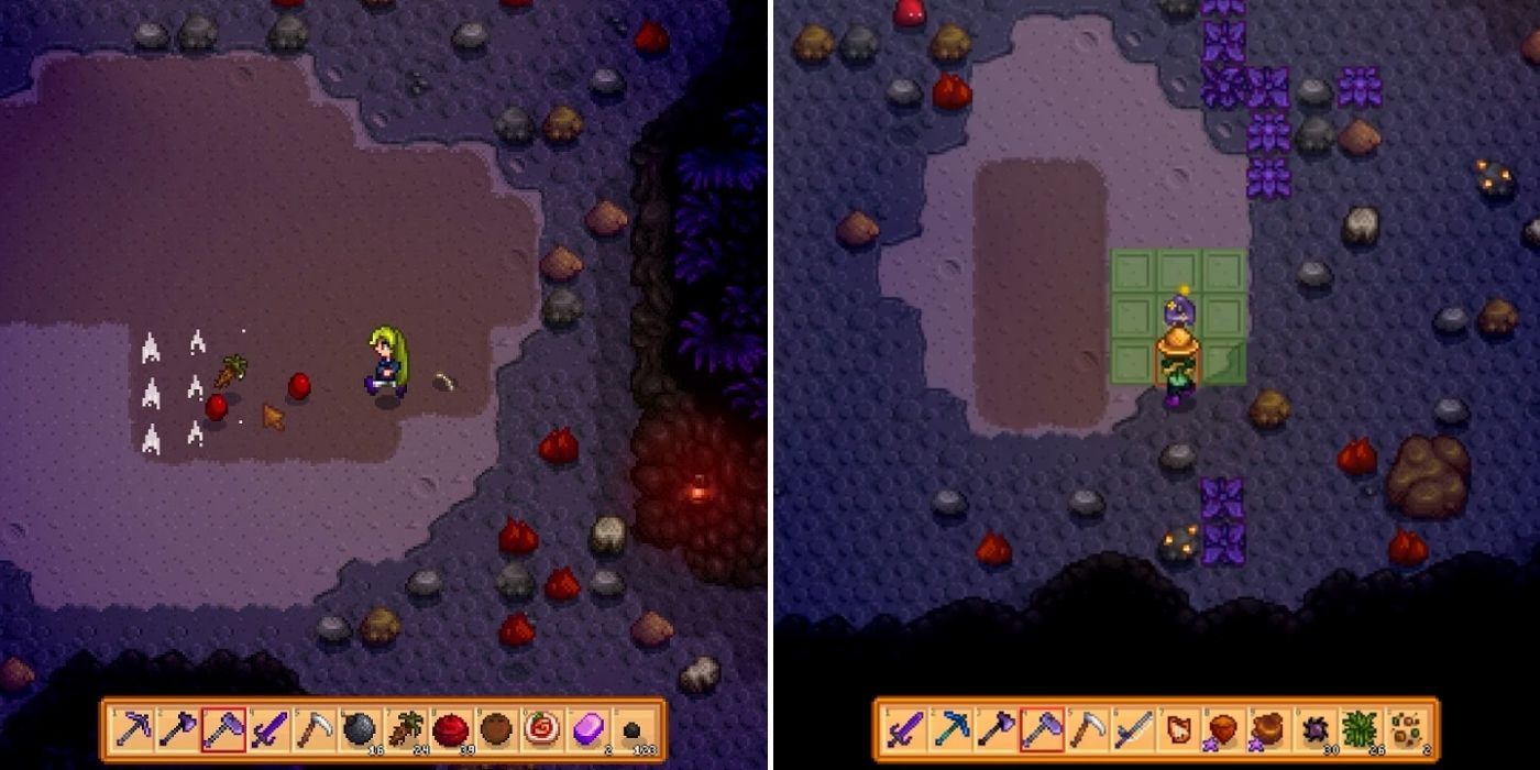 A player finding items in the soil in a mine and tilling the soil in Stardew Valley