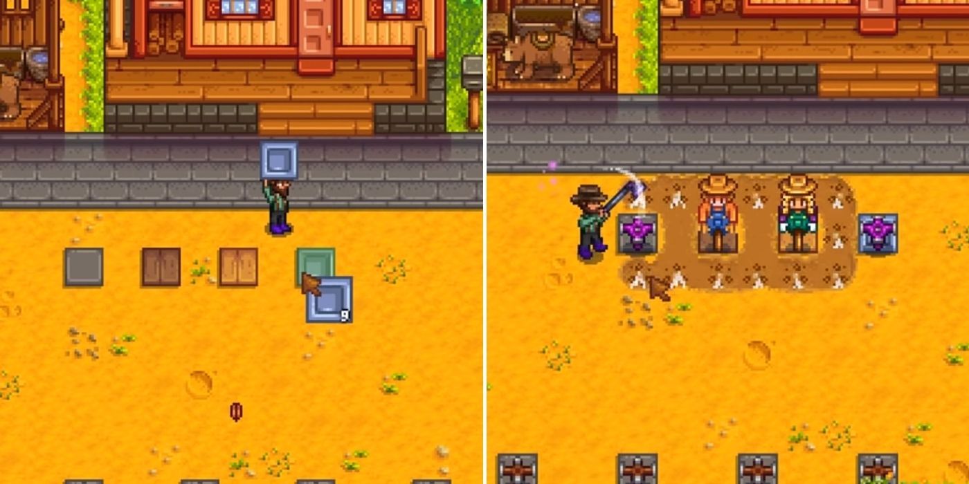 A player placing down pathing blocks and a player tilling the soil around two Scarecrows in Stardew Valley.