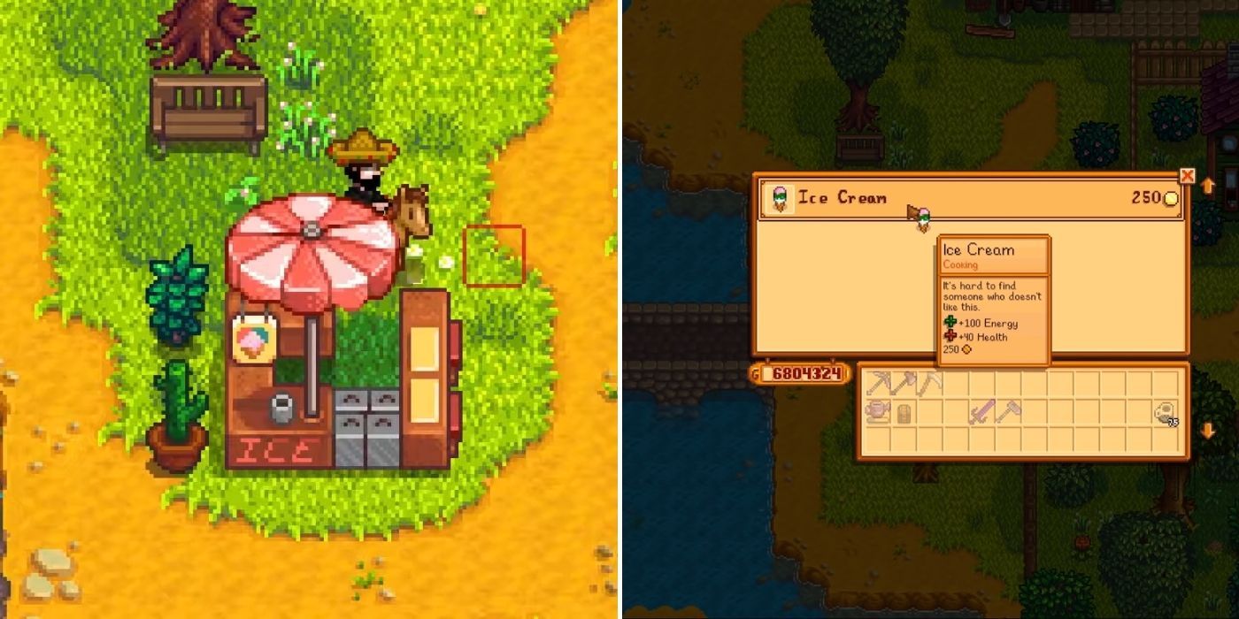 A player placing their horse behind the ice cream stand and the Ice cream stand menu screen in Stardew Valley