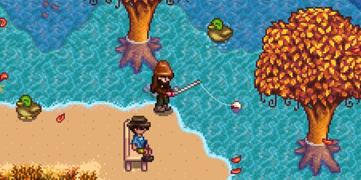 A screenshot of two players fishing on the Beach Farm.