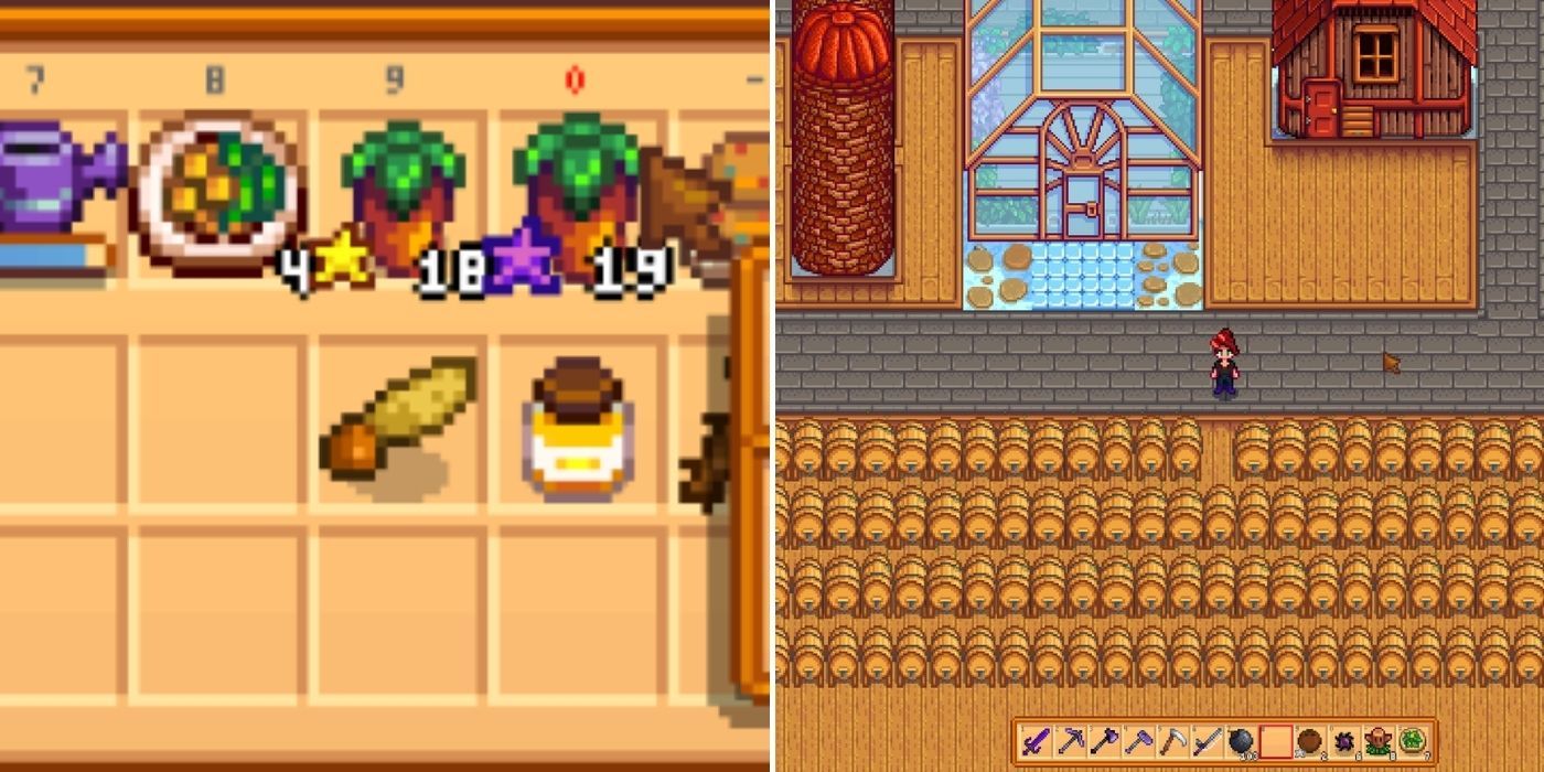 Gold and Iridium quality fruit and several rows of Artisan Kegs in Stardew Valley