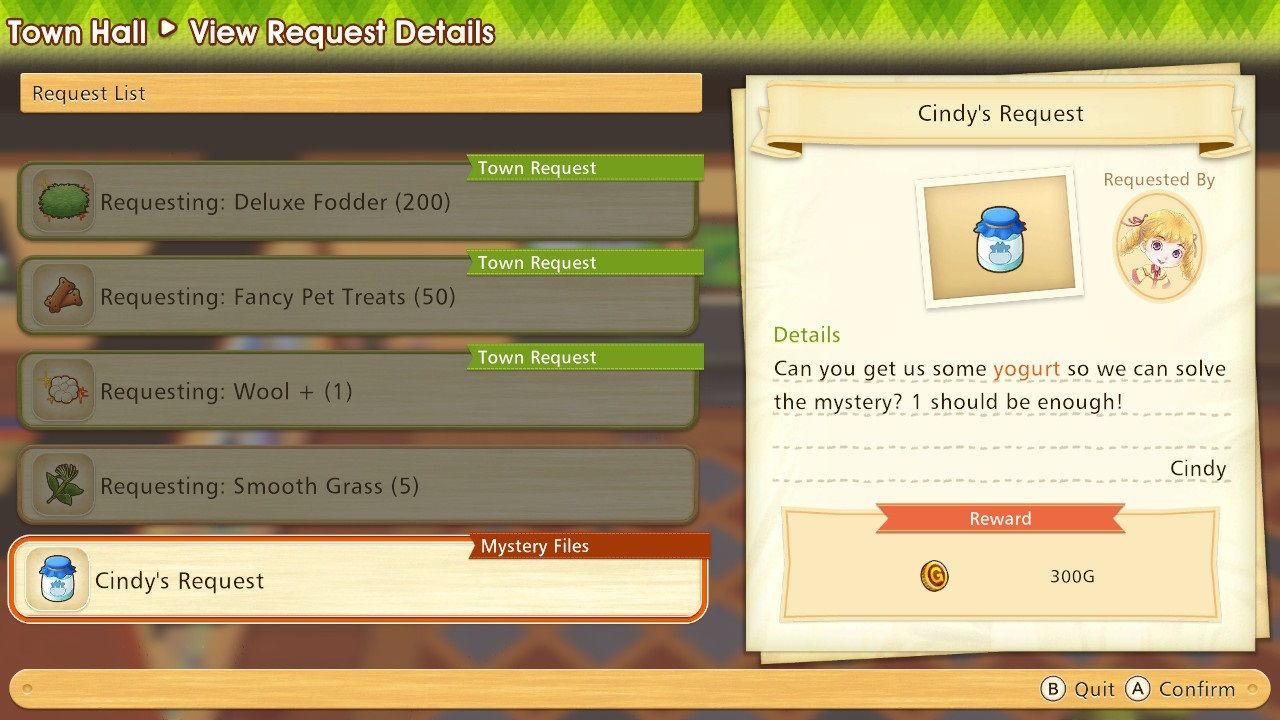 Story of Seasons Pioneers of Olive Town Mystery Files Cindy's yogurt request