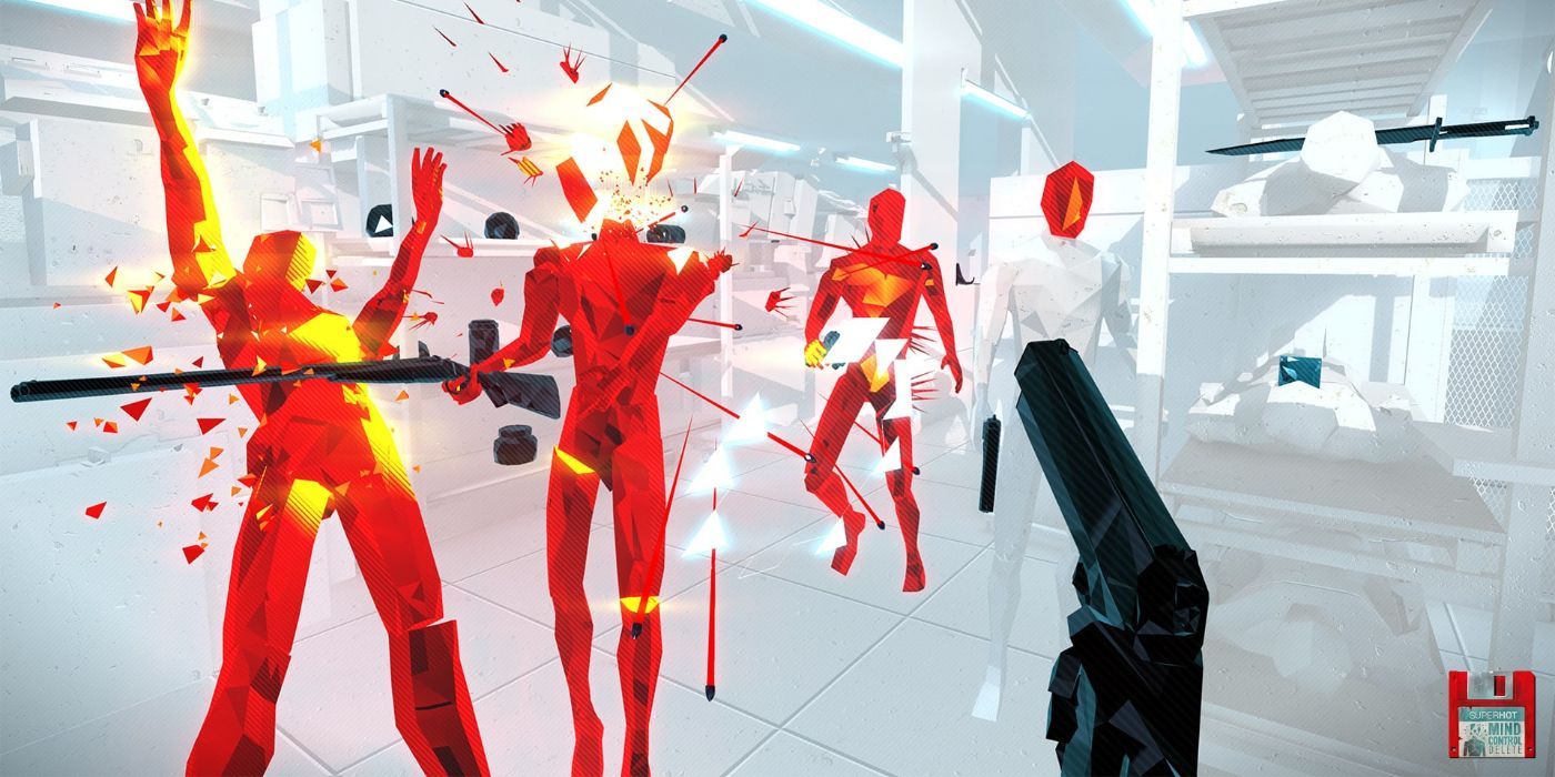 The player fights against three red-crystal enemies in an all-white environment.
