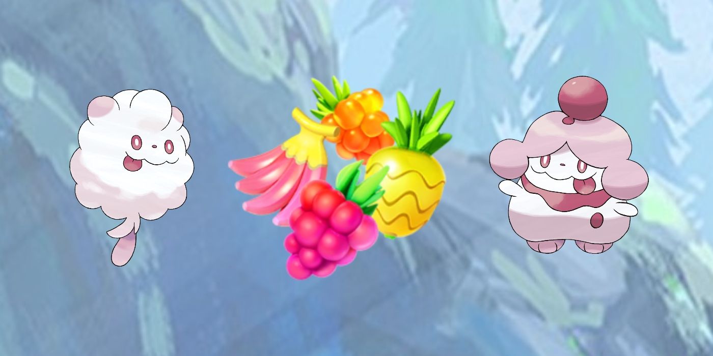 swirlix and slurpuff on either side of some pokemon go berries