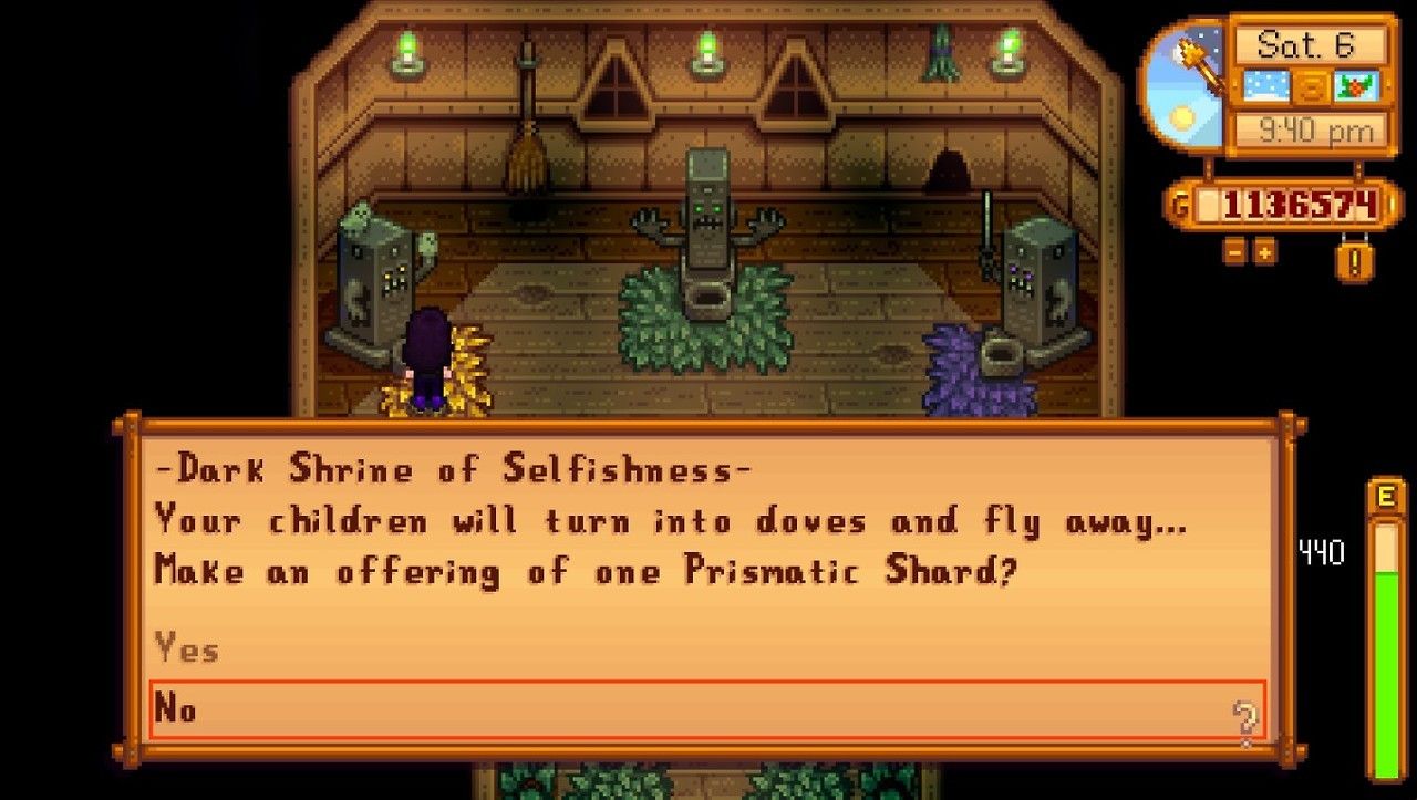 the stardew valley dark shrine of selfishness asking the player if they want to turn their children into doves