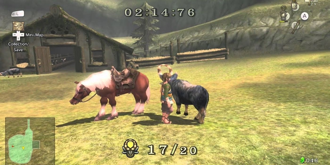 The Legend of Zelda Twilight Princess, Goat Herding - Link standing next to his horse and a goat in a large field near a barn