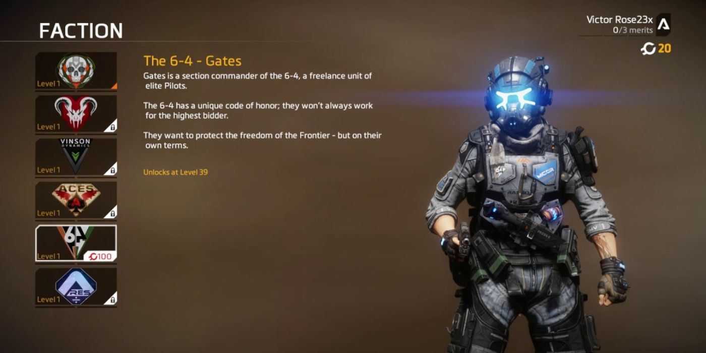 Gates in the faction screen of Titanfall 2's multiplayer whose design was originally intended for a Jill Cooper, a female option for the campaign's protagonist