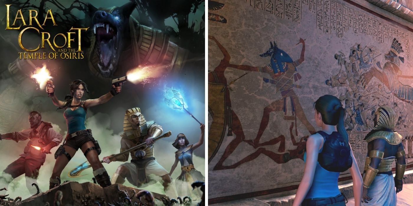 Tomb Raider And The Temple Of Osiris Cover Art and Lara Looking At Ancient Egyptian Artwork