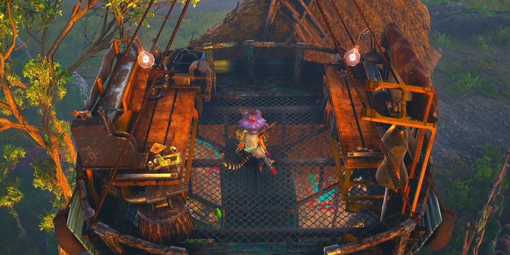 Upgrade Stations in Biomutant - The character is standing between a weapon and armor upgrade station