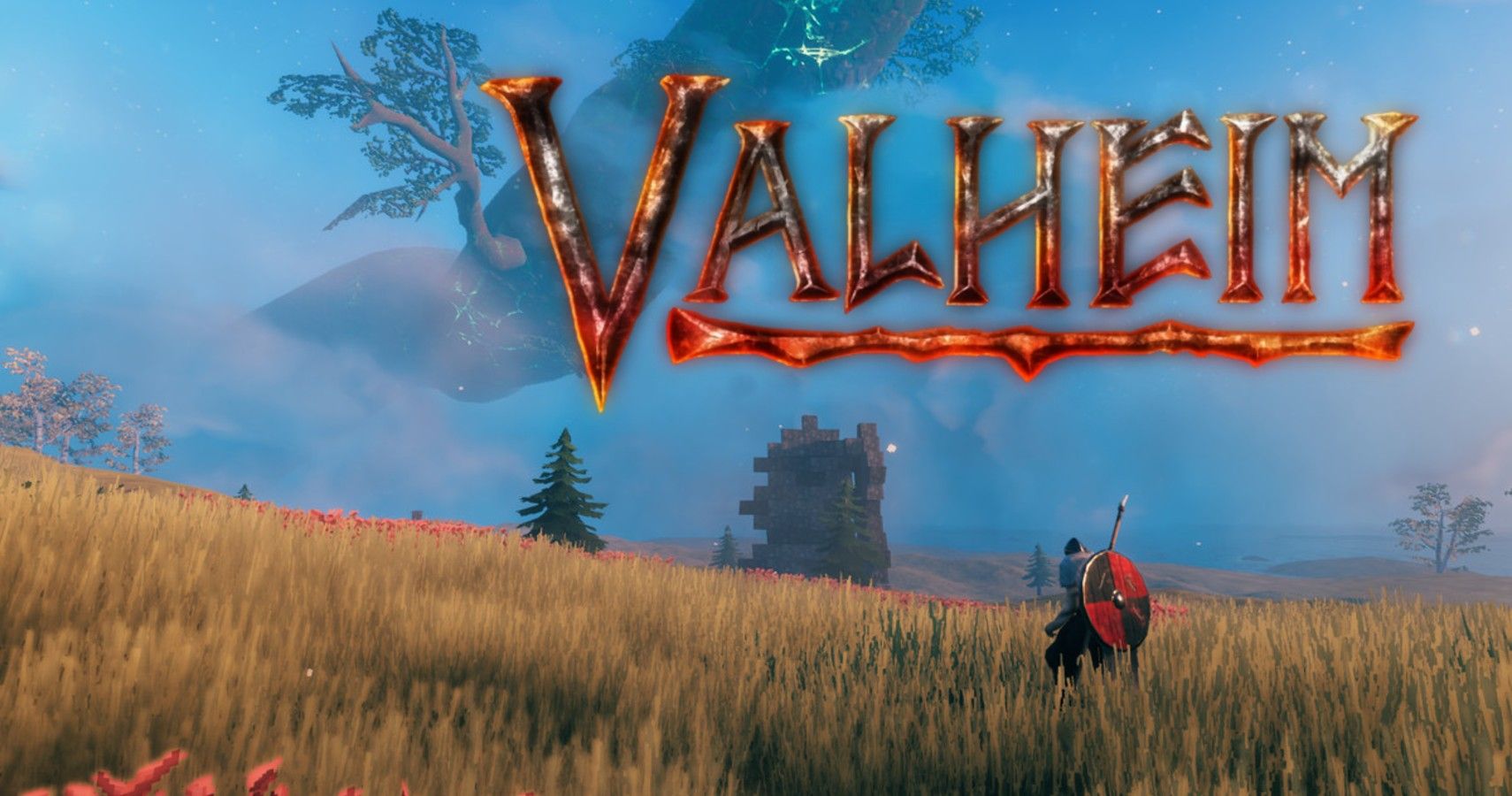 Scene from Valheim with a player a text of title of the game