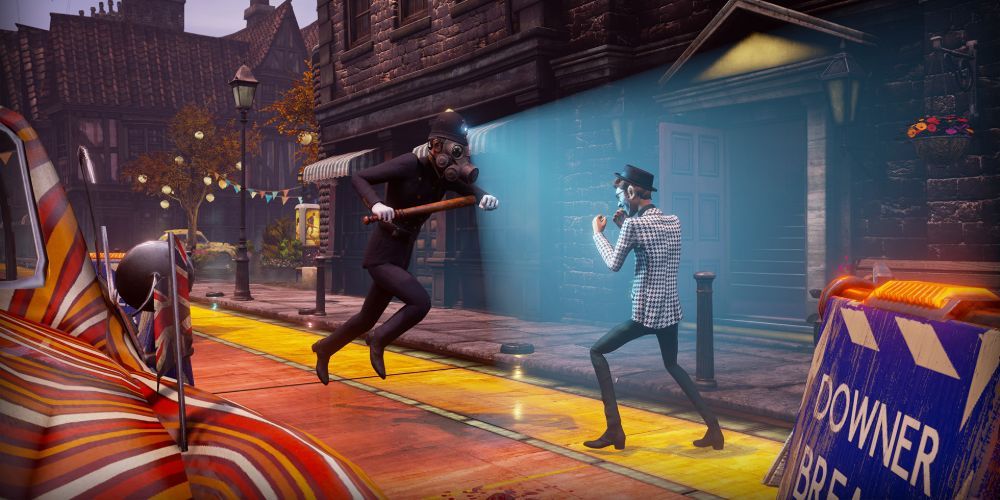 A police officer wearing a gas mask charging at a character with a baton in a street with parked cars in We Happy Few.
