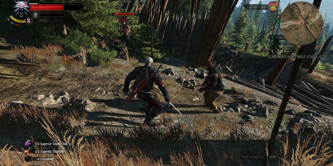 Geralt fights bandits at a ruined village in Velen