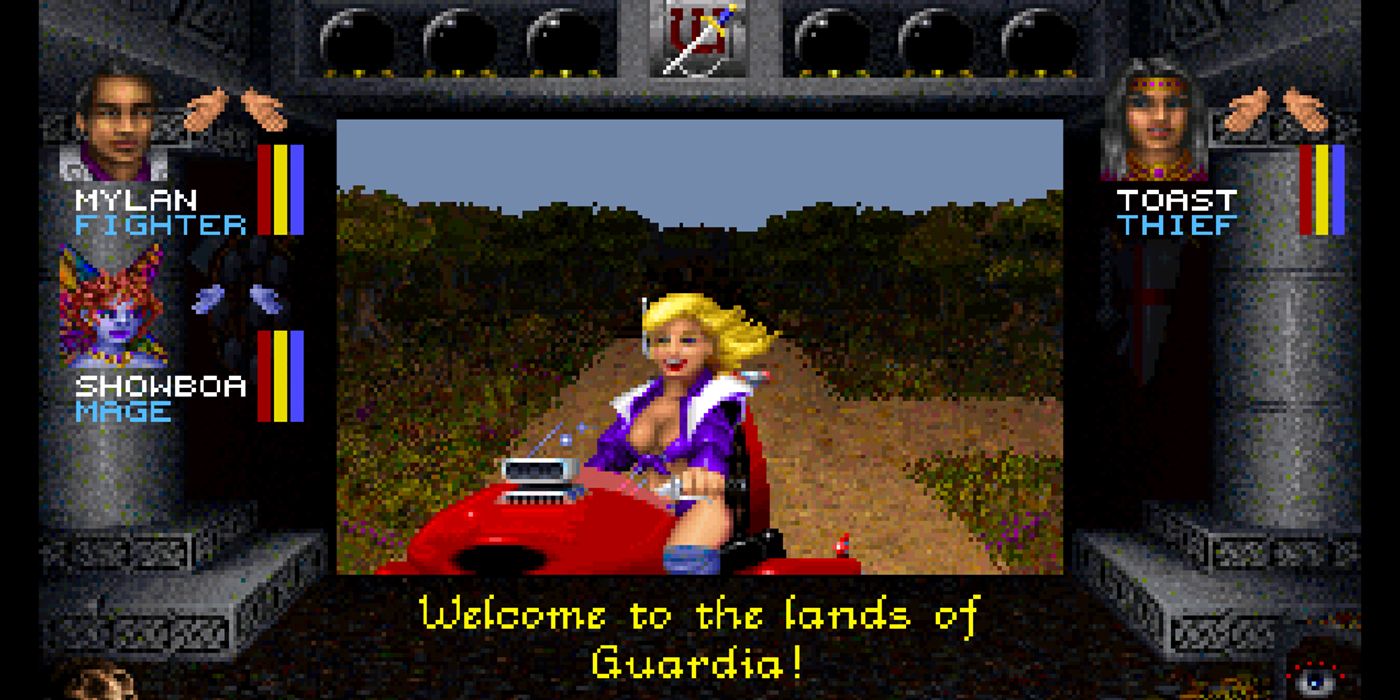 A Screenshot from Wizardry 7: Crusaders of The Dark Savant When An NPC Is Welcoming The Party To The Land Of Guardia