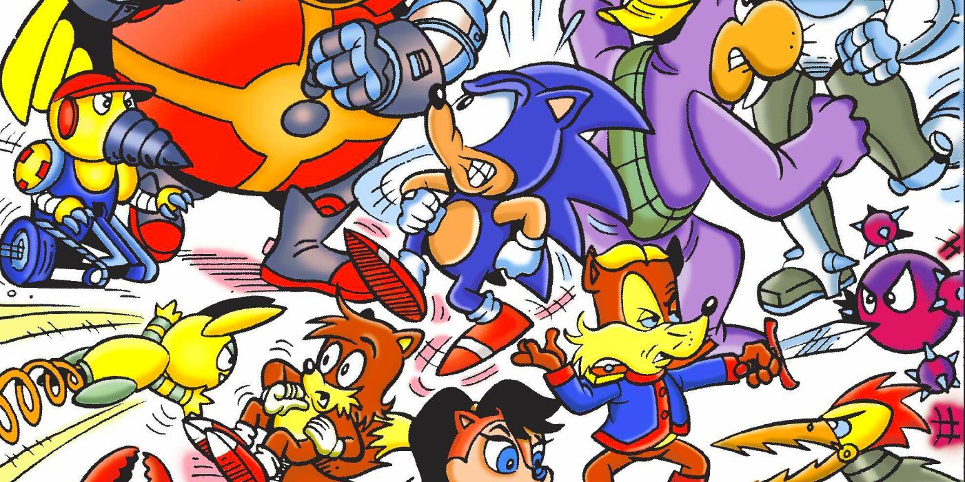 A very frantic and color-filled piece of cover art featuring Sonic the Hedgehog, as part of the Archie Comics' Sonic run.