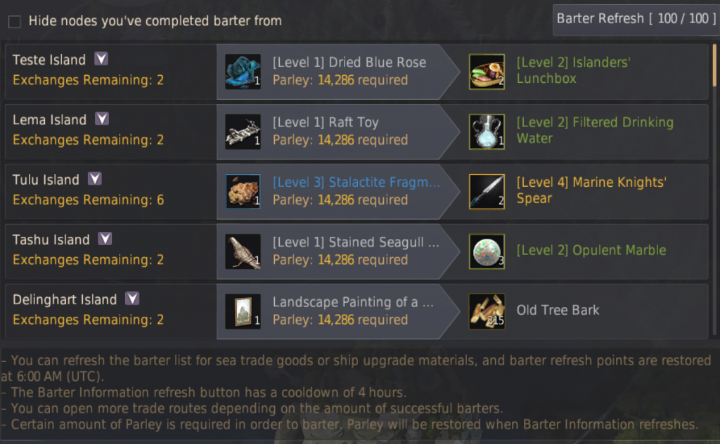 Black Desert Online barter search list tiers 1 2 3 4 5 cargo sea items