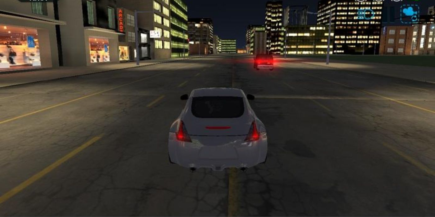 A Nissan 350z drives down a city street at night in City Car Driving