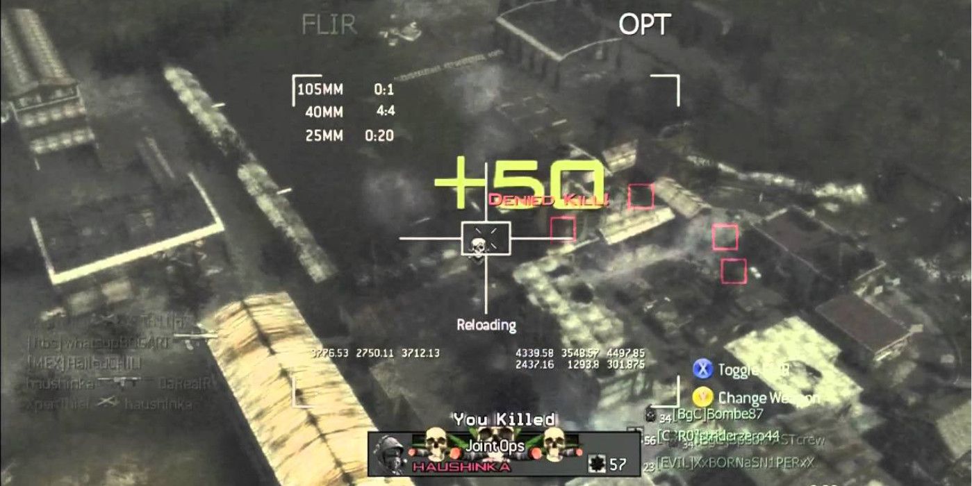 the view from the ac130 in cod. the player has just gotten a kill
