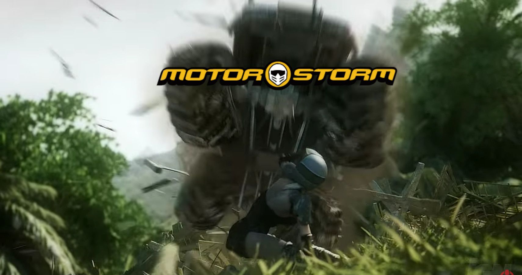 a monstertruck about to crush a motorbiker