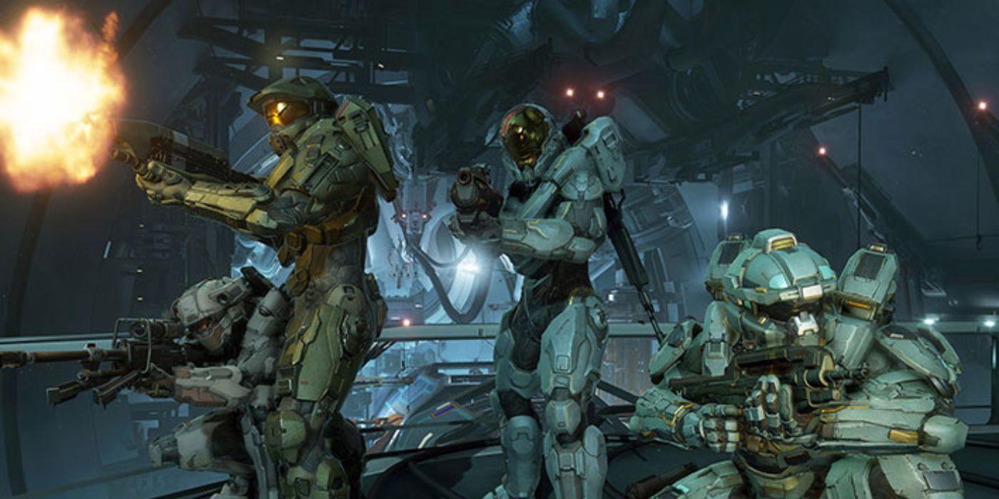From left to right: Spartan Blue team in action in Halo 5 consisting of Linda-058, Master Chief, Kelly-087 and Frederic-104