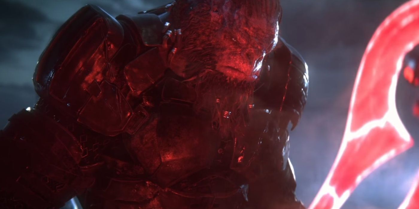 A battle-worn Atriox stares at a red energy sword in his origin story trailer for Halo Wars 2