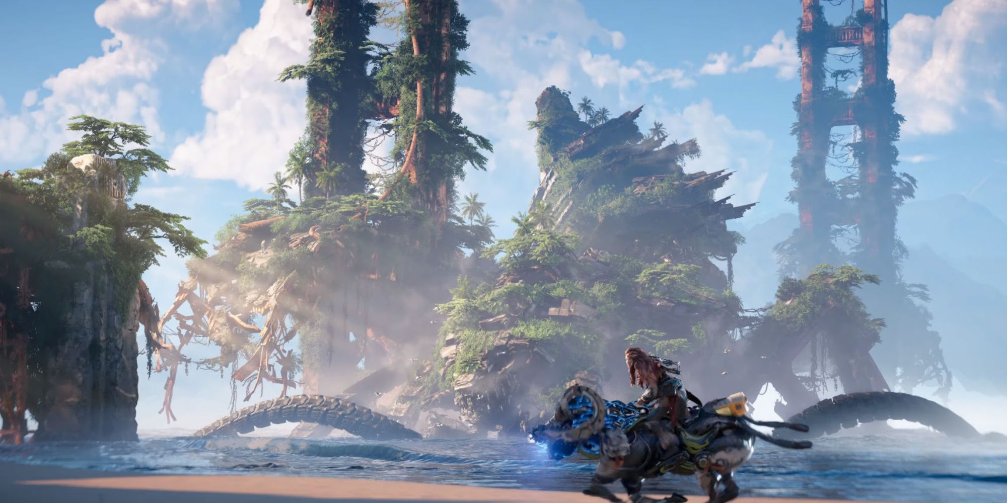 Horizon Forbidden West Aloy riding on a machine