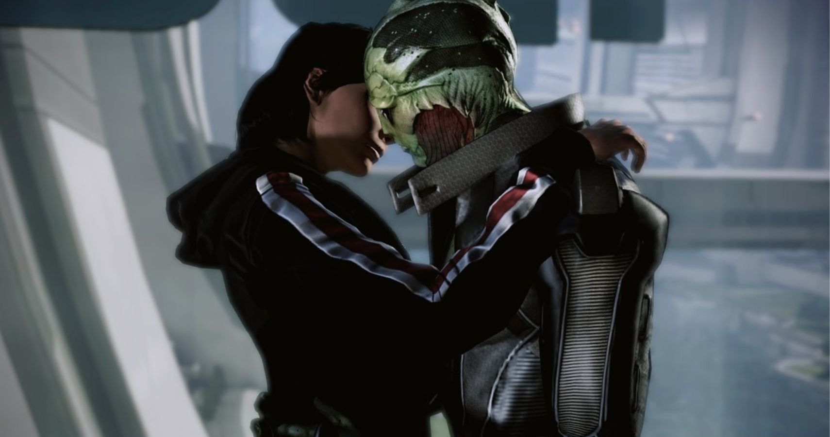 Shepard and Thane kiss in Mass Effect 3