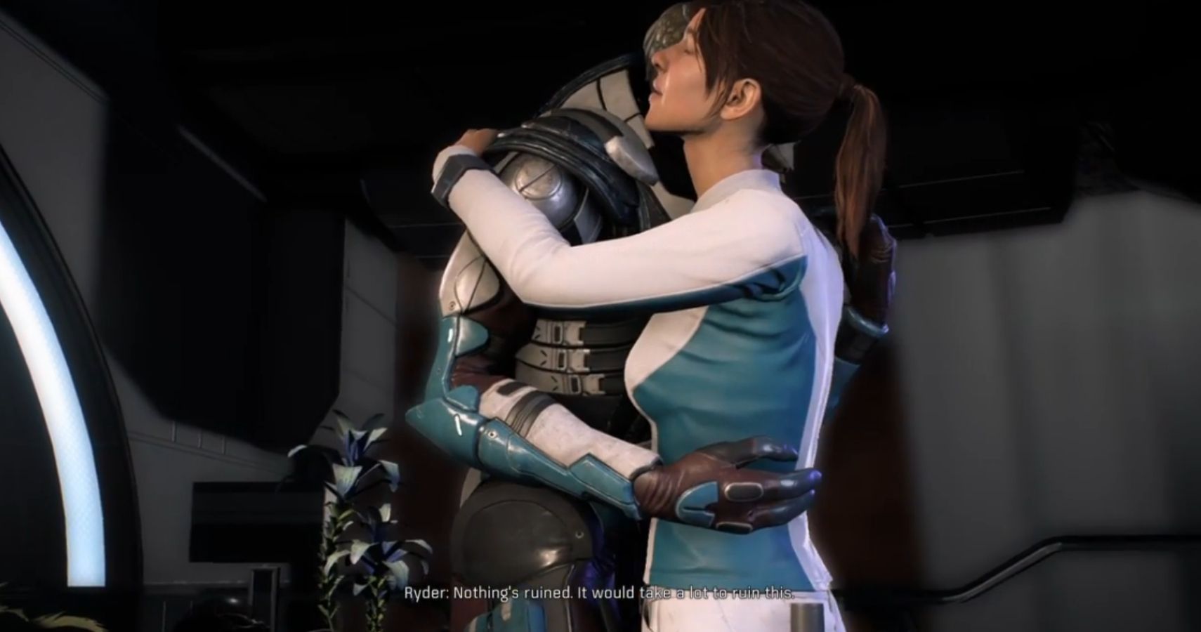 Vetra and Ryder from Mass Effect Andromeda hug in one of their romance scenes