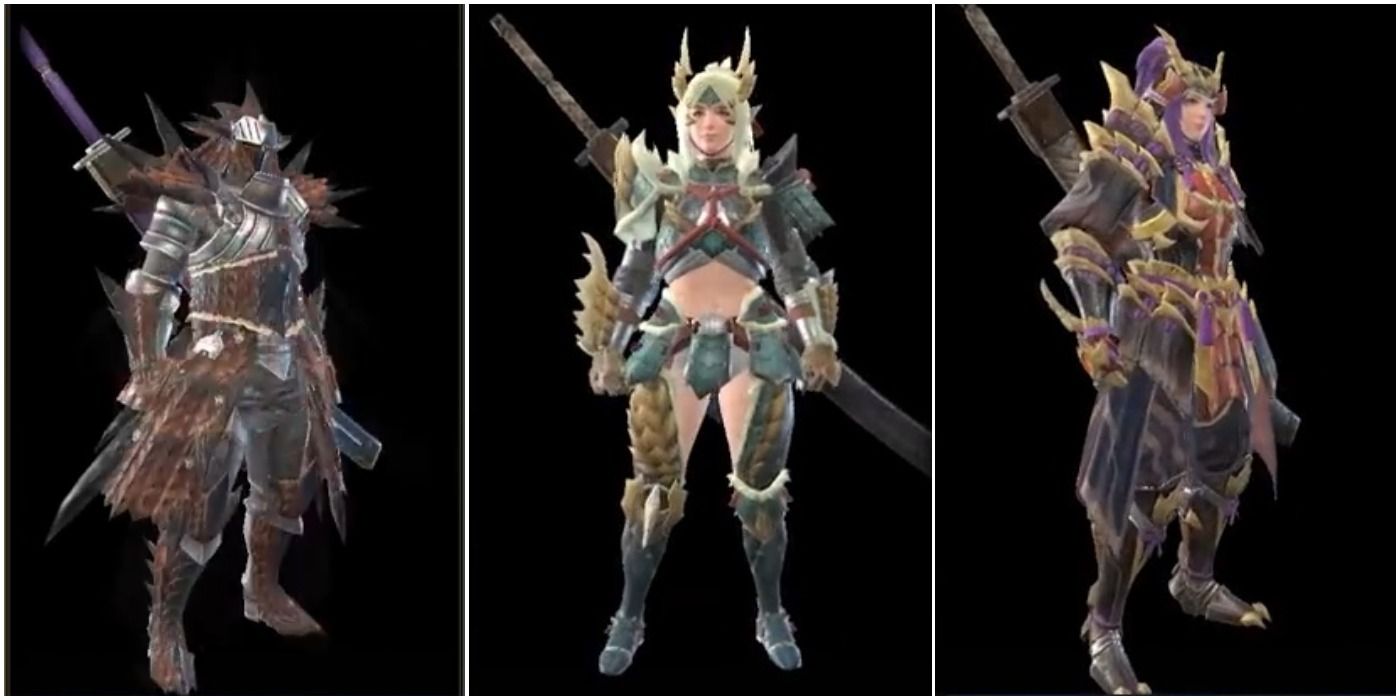 A collage showing three armor sets in Monster Hunter Rise