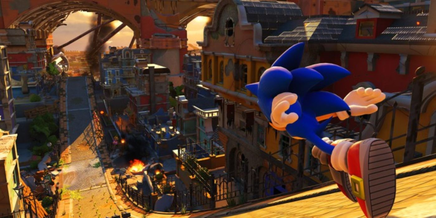 A modern depiction of Sonic the Hedgehog as he appears in Sonic Forces, running down a city street.