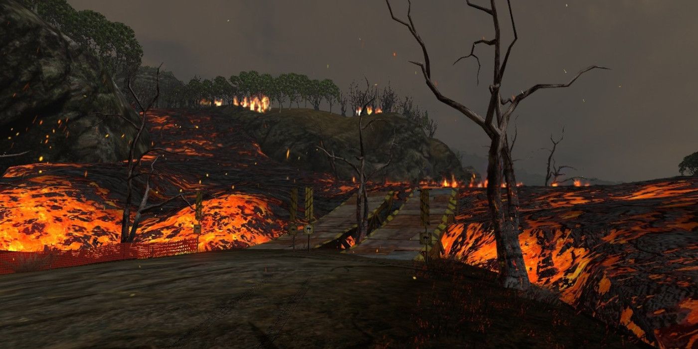 two wooden ramps leading to a jump over a lava stream