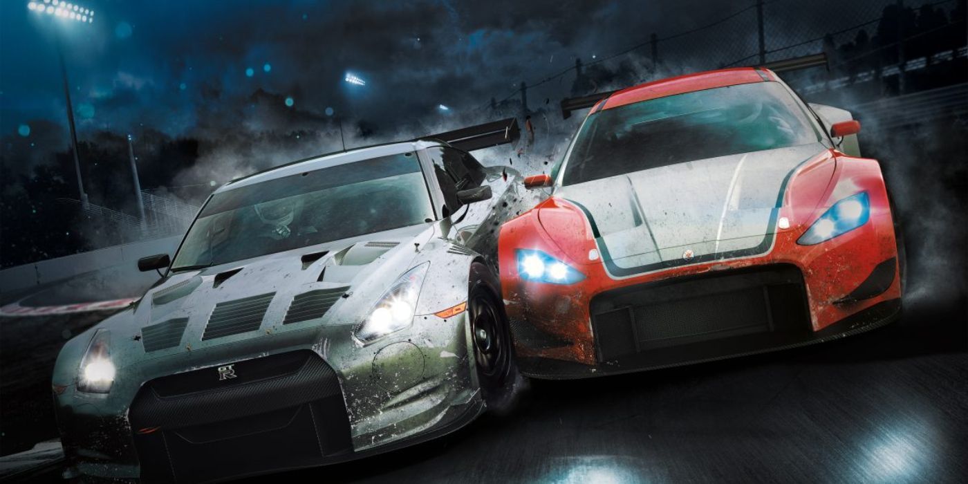 A Nissan Skyline (left) and Aston Martin are neck in neck during a race on Need for Speed Shift 2's cover art