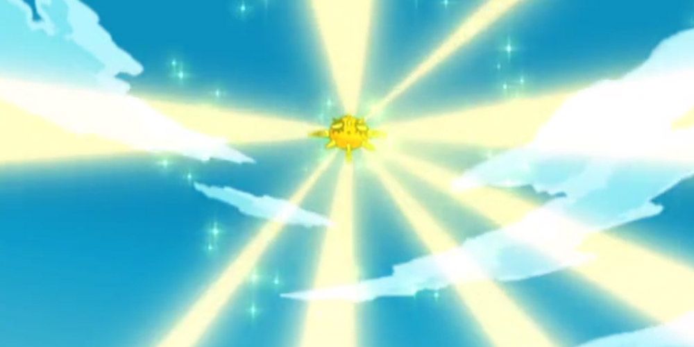 Solrock using the Sunny Day move in Pokemon, lighting up the sky.