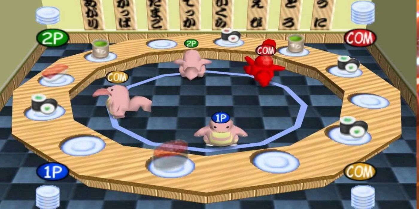 4 lickitongue pokemon in the middle of a sushi bar