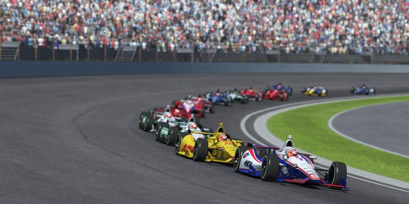 Several Formula One cars lineup behind each other right before a race starts in front of a packed crowd in rFactor 2