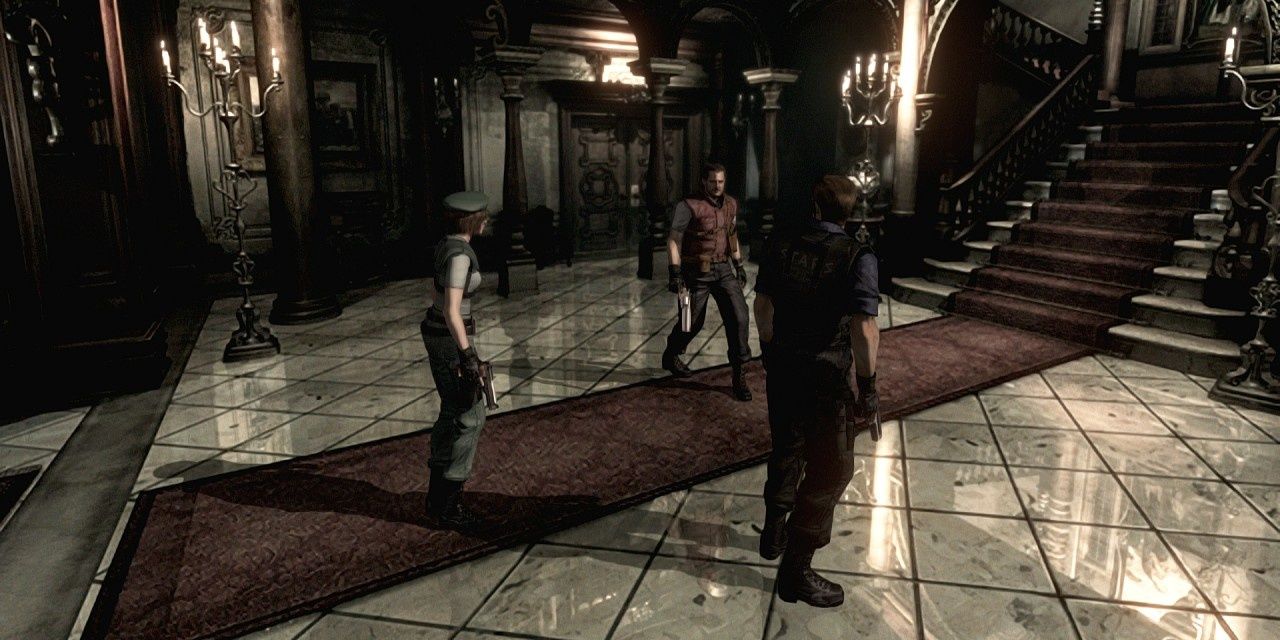 A screenshot showing Jill, Barry and Wesker near the front entrance of the Spencer Mansion in Resident Evil Remake.