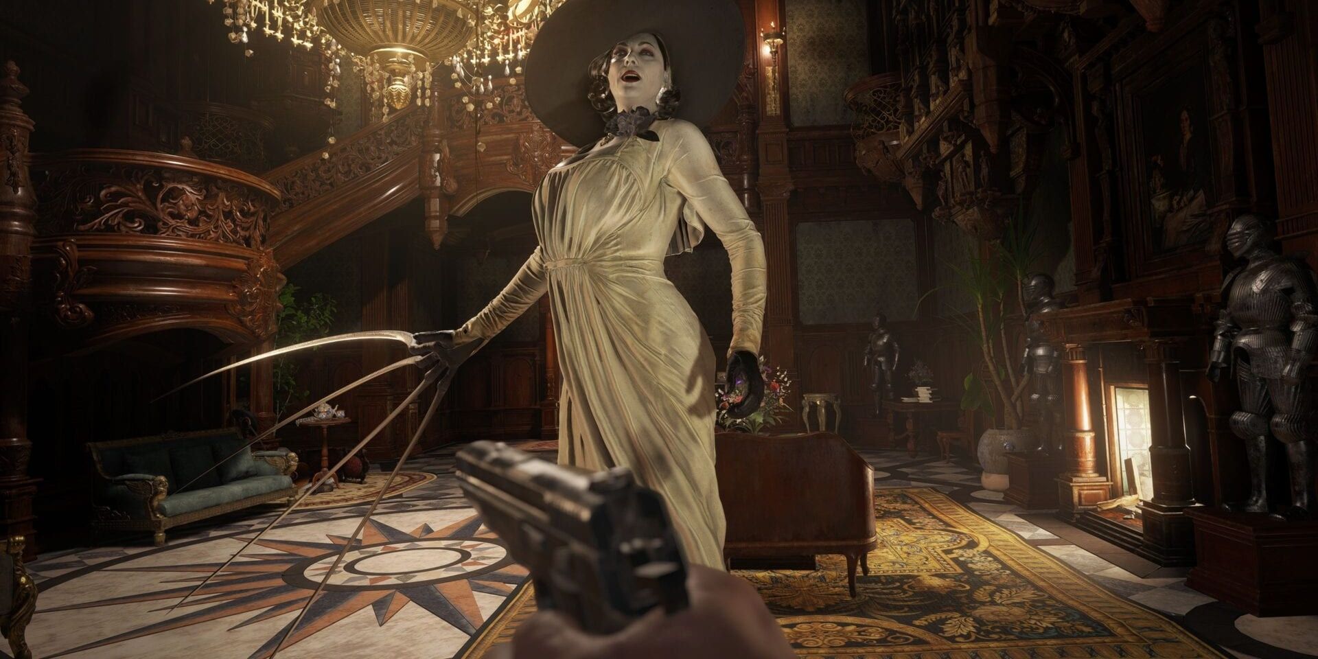 A screenshot showing Lady Dimitrescu from Ethan's perspective in Resident Evil Village.