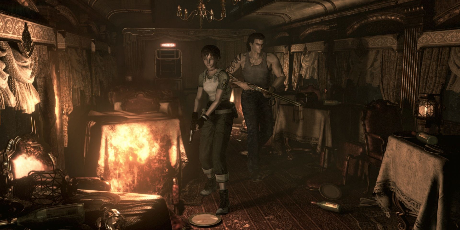 A screenshot showing Rebecca and Billy navigating a spooky and mysterious room filled with antiques in Resident Evil Zero.