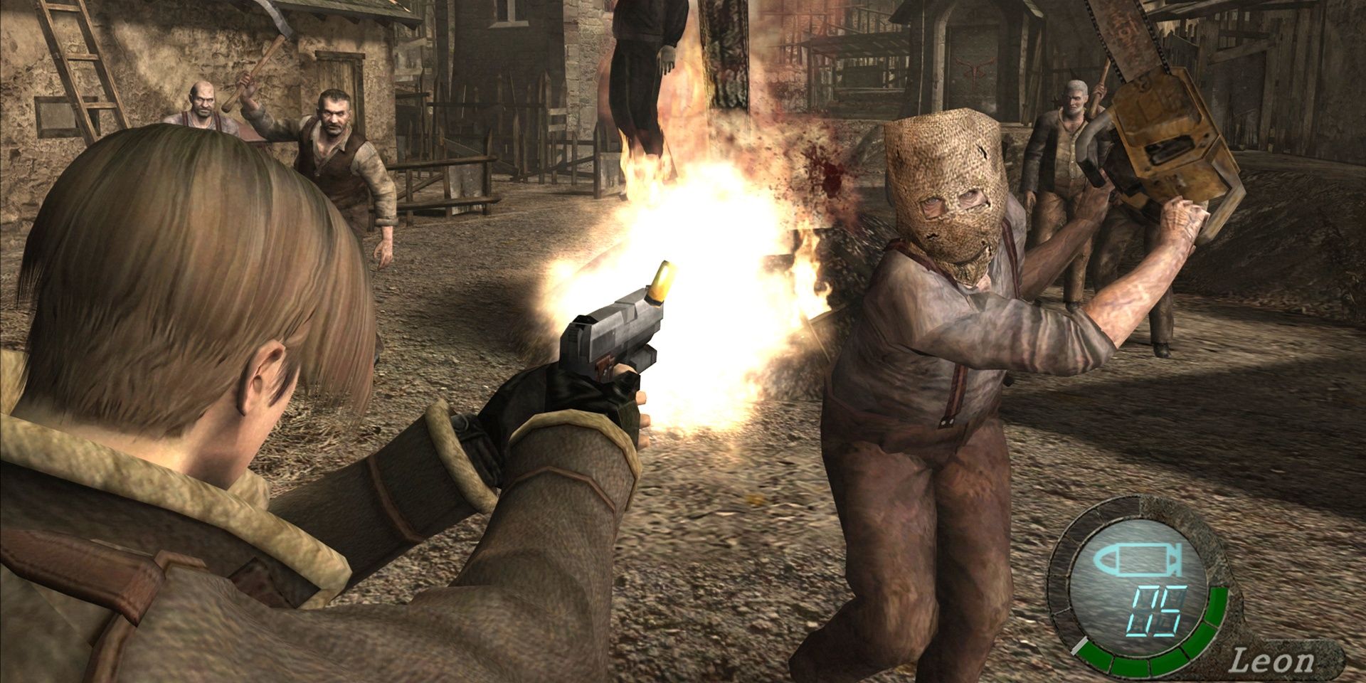 Leon firing his handgun at the brute chainsaw enemy with other villagers coming up from behind in the game's first section.