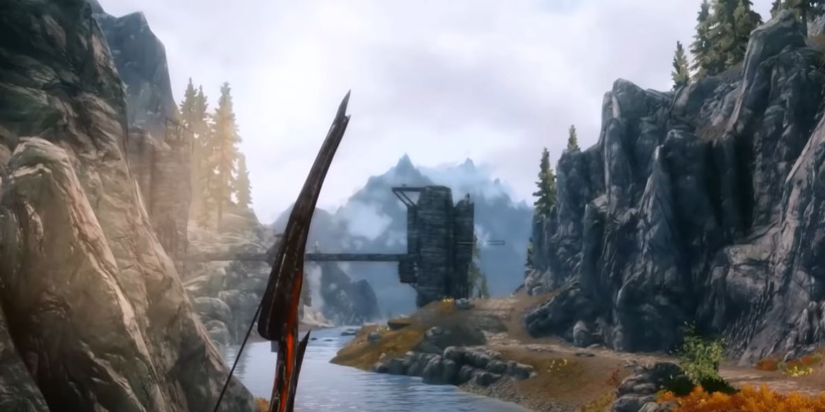 skyrim, character with a bow drawn