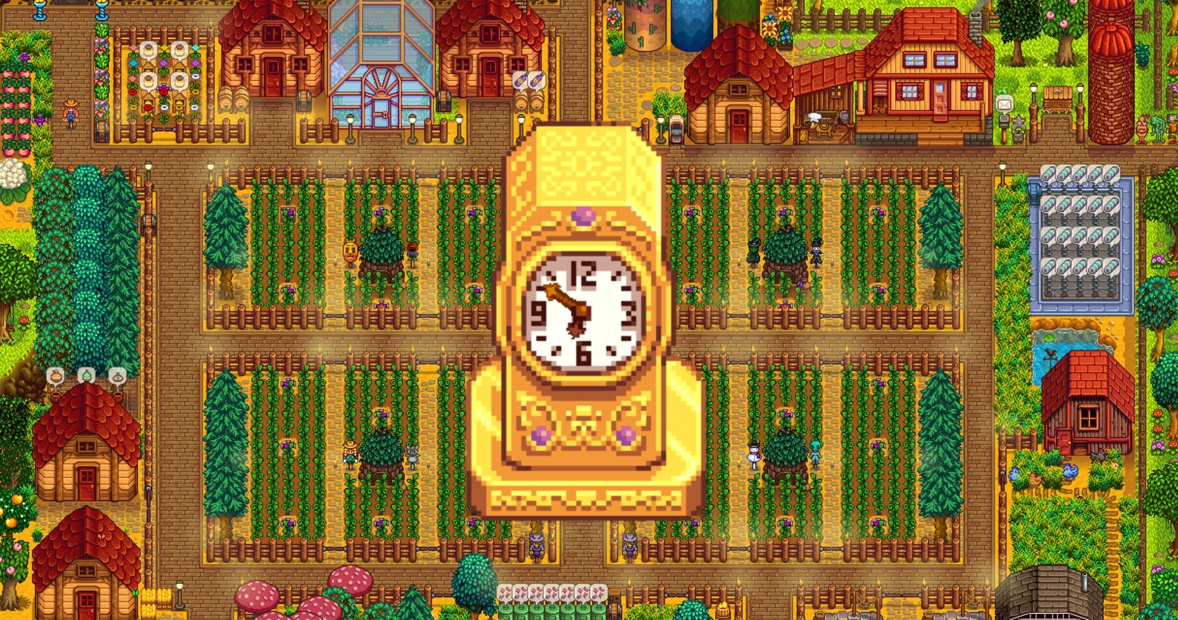 picture of an organized farm with the gold clock emphasized in the middle