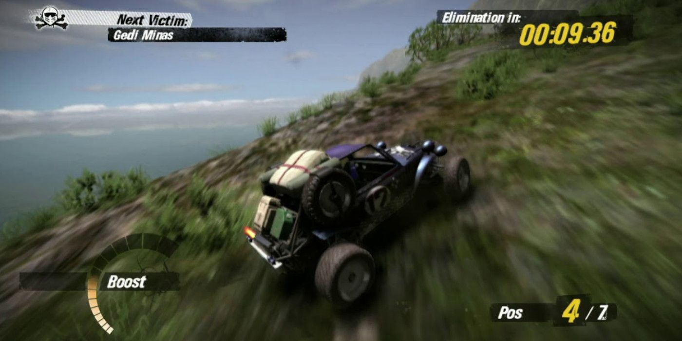 a buggy slides around a corner on a cliff edge overlooking the sea