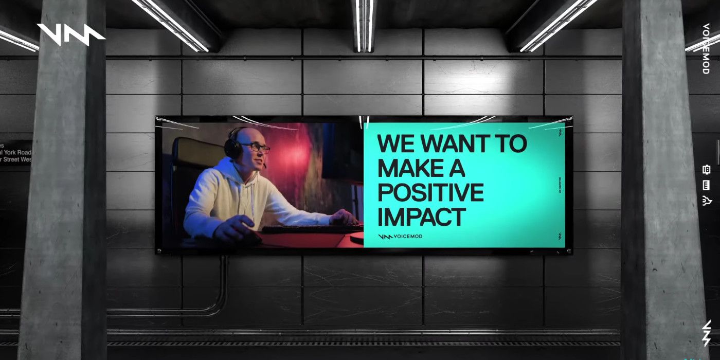 voicemod promo screenshot of slide where someone is playing on a computer and under them it says we want to have a positive impact