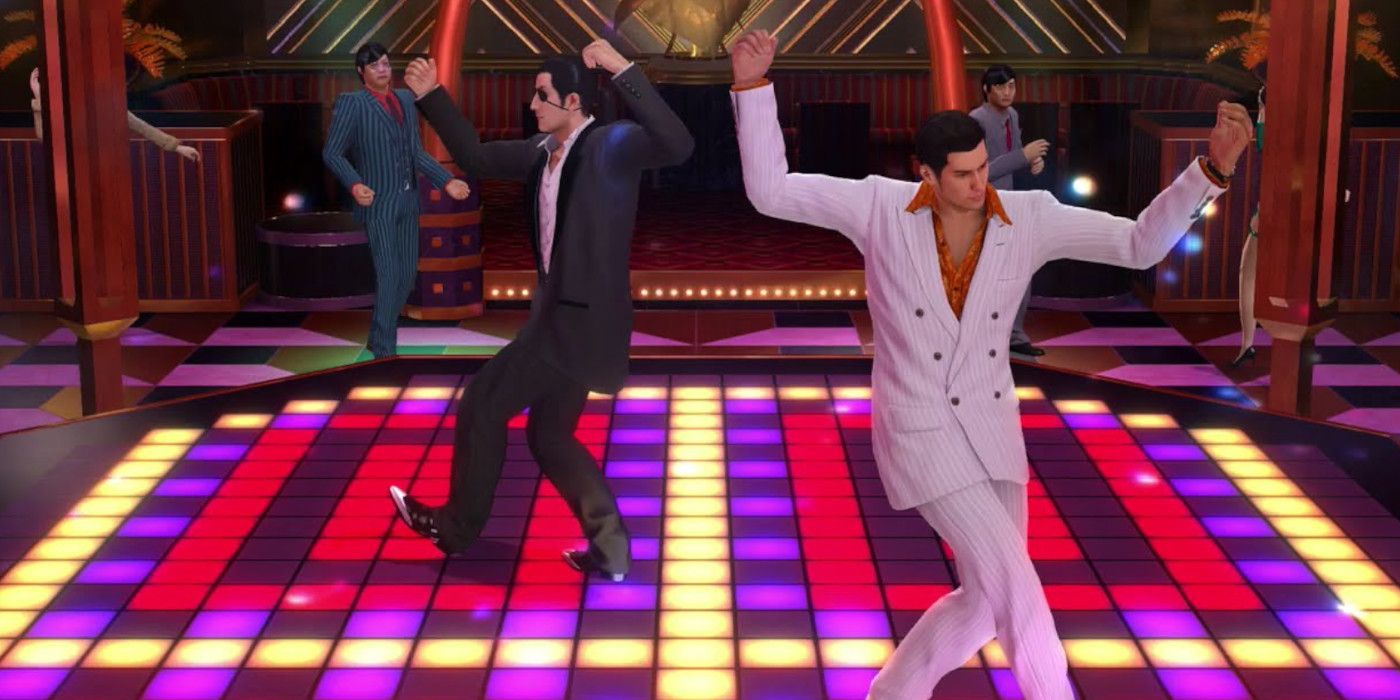 kiryu and a man in a black suit having a dance competition on a neon dancefloor
