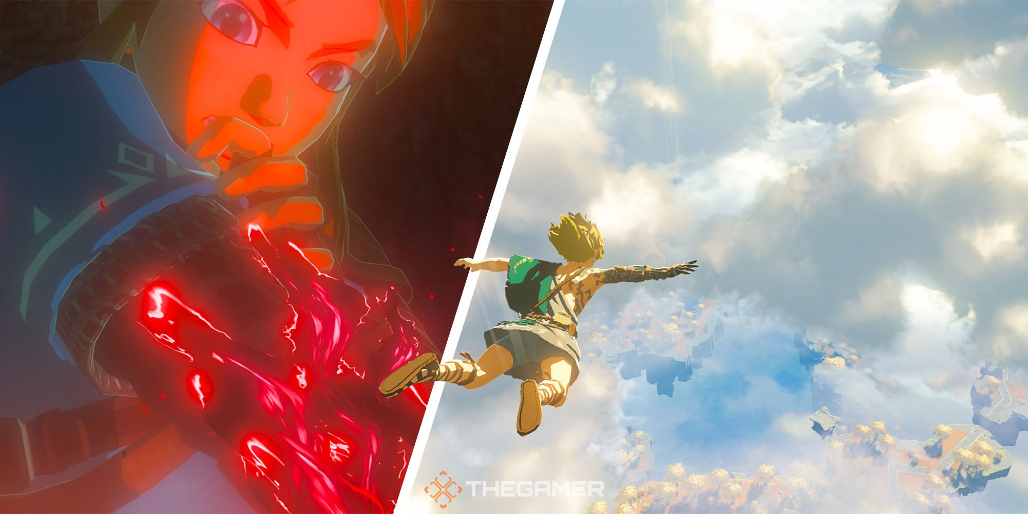 Split image of Link from The E3 2021 Breath Of The Wild Sequel Trailer