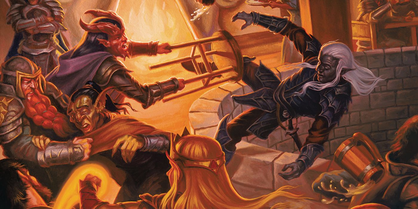 Dungeons & Dragons Artwork, Showing a tavern brawl betwen a dwarf, a tiefling an elf and a goblin.