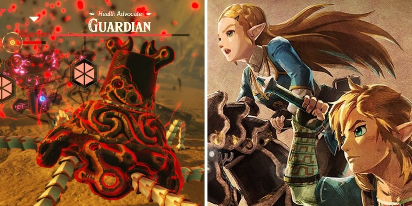 split image of age of calamity, with a guardian on one side and link and zelda with their new weapons on the right side